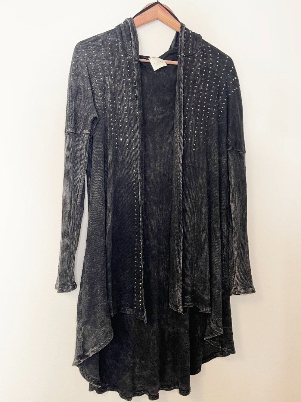 Vocal California Black Mineral Wash Rhinestone Hooded Duster Cardigan Large